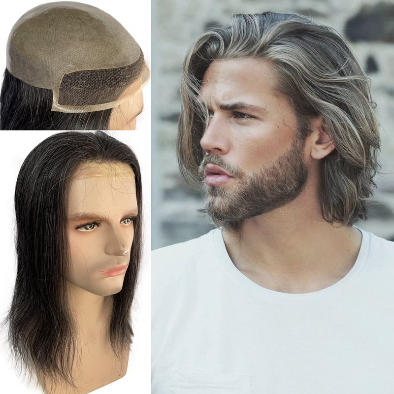 Voloria 12 Long Hair Mens Toupee Hair Replacement Systems Swiss Lace Front Natural Hairline Hairpieces Thin Skin PU Vlooped 10x8 Straight Hair1B Black Mixed 20 Grey Synthetic Hair