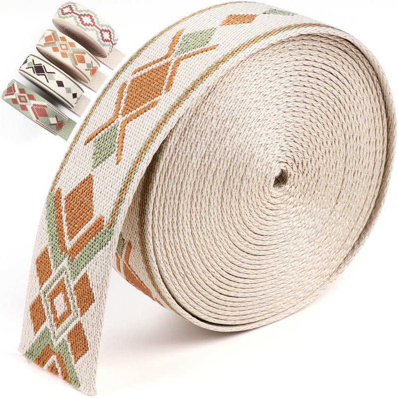 PECMER 15 Inch Strap 6 Yards Beige Boho Style Poly Webbing Strap with Geometric Patterns for Belts Crafts Pet Collars Leash Tent Bag