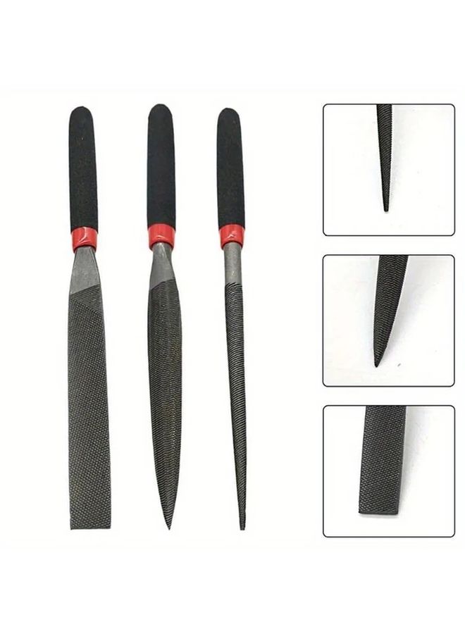 Mini Steel File Set 3pcs Needle Flat Half Round Shape For Jewelry Metal Glass Polishing And Wood Carving Hand Tool Kit With Black Handles Red Accents Precision Sharpening - Image 3