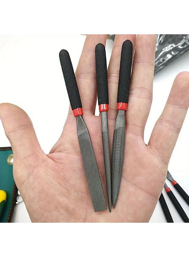 Mini Steel File Set 3pcs Needle Flat Half Round Shape For Jewelry Metal Glass Polishing And Wood Carving Hand Tool Kit With Black Handles Red Accents Precision Sharpening - Image 1