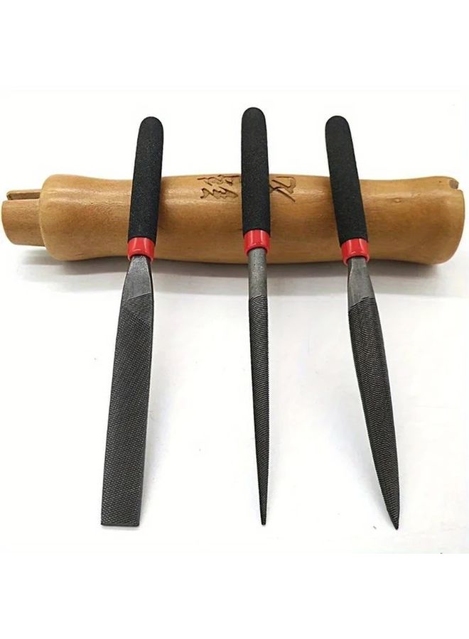 Mini Steel File Set 3pcs Needle Flat Half Round Shape For Jewelry Metal Glass Polishing And Wood Carving Hand Tool Kit With Black Handles Red Accents Precision Sharpening - Image 2