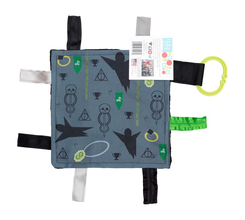 The Learning Lovey Baby Sensory Crinkle Teething Square Lovey Toy with Closed Ribbon Tags for Increased Stimulation 8X8 Dark Magic