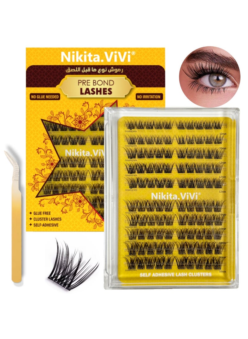 NIKITA.VIVI 100 قطعة مجموعة رموش مسبقة الالتصاق مع ملاقط رموش لاصقة ذاتيًا مجموعة كتل الرموش، رموش مزيفة D Curl كتل رموش مسبقة اللصق رموش رقيقة مجموعة كتل الرموش للمبتدئين واستخدام الصالون مجموعة تمديد الرموش DIY رموش مزيفة بحجم 10-16 مم - Image 2