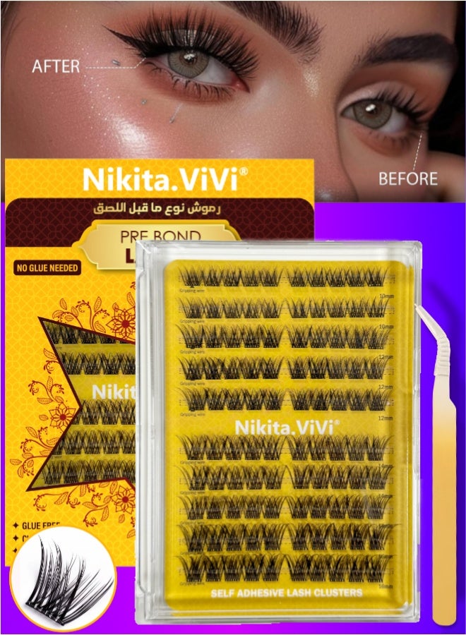NIKITA.VIVI 100 قطعة مجموعة رموش مسبقة الالتصاق مع ملاقط رموش لاصقة ذاتيًا مجموعة كتل الرموش، رموش مزيفة D Curl كتل رموش مسبقة اللصق رموش رقيقة مجموعة كتل الرموش للمبتدئين واستخدام الصالون مجموعة تمديد الرموش DIY رموش مزيفة بحجم 10-16 مم - Image 1