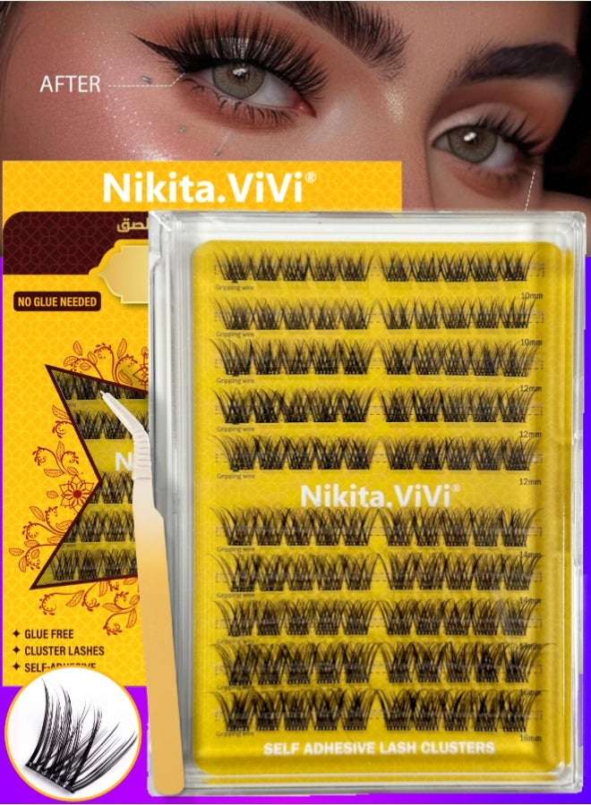 NIKITA.VIVI 100 قطعة مجموعة رموش مسبقة الالتصاق مع ملاقط رموش لاصقة ذاتيًا مجموعة كتل الرموش، رموش مزيفة D Curl كتل رموش مسبقة اللصق رموش رقيقة مجموعة كتل الرموش للمبتدئين واستخدام الصالون مجموعة تمديد الرموش DIY رموش مزيفة بحجم 10-16 مم - Image 1