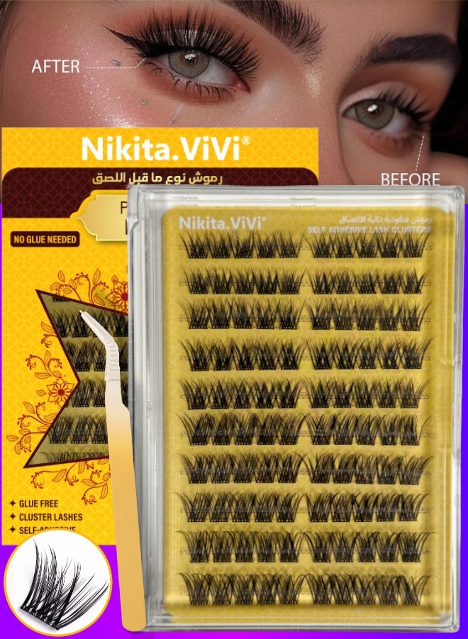 NIKITA.VIVI Pre Bond Lashes Kit with Tweezers Self Adhesive Eyelashes Eyelash Clusters Kit, False Eyelashes D Curl Pre Glued Lash Clusters Wispy Lash Cluster Kit False Lashes for Beginners and Salon use Press On DIY Lash Extension Kit Falselashes Eye Makeup Kit 10-16mm Size 100 Pcs - Image 1