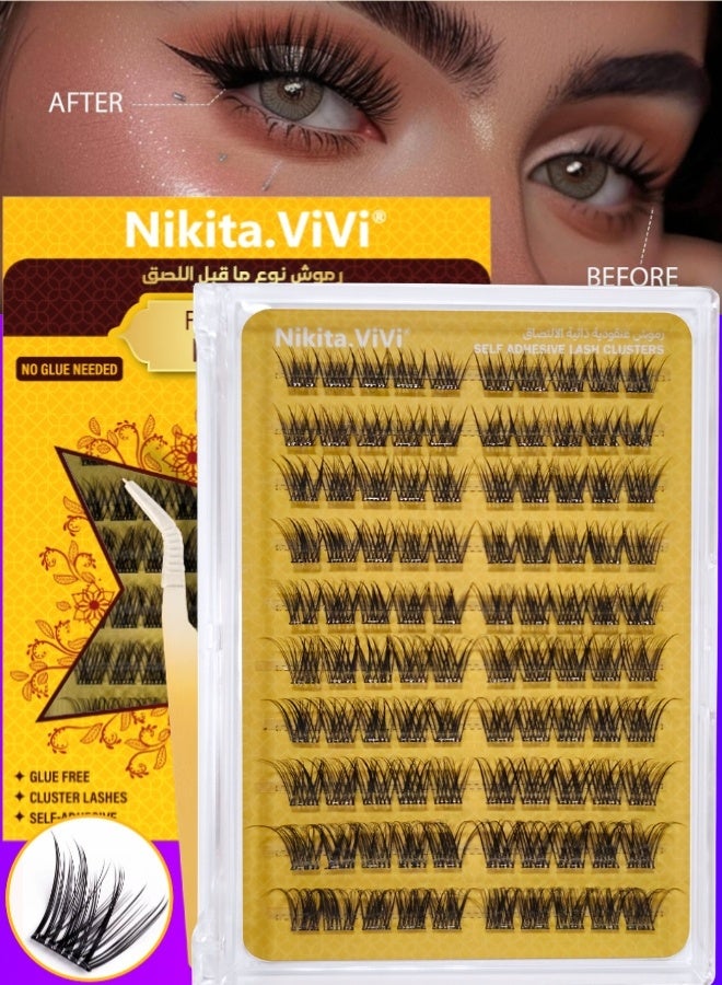 Pre Bond Lashes Kit with Tweezers Self Adhesive Eyelashes Eyelash Clusters Kit, False Eyelashes D Curl Pre Glued Lash Clusters Wispy Lash Cluster Kit False Lashes for Beginners and Salon use Press On DIY Lash Extension Kit Falselashes Eye Makeup Kit 10-16mm Size 100 Pcs