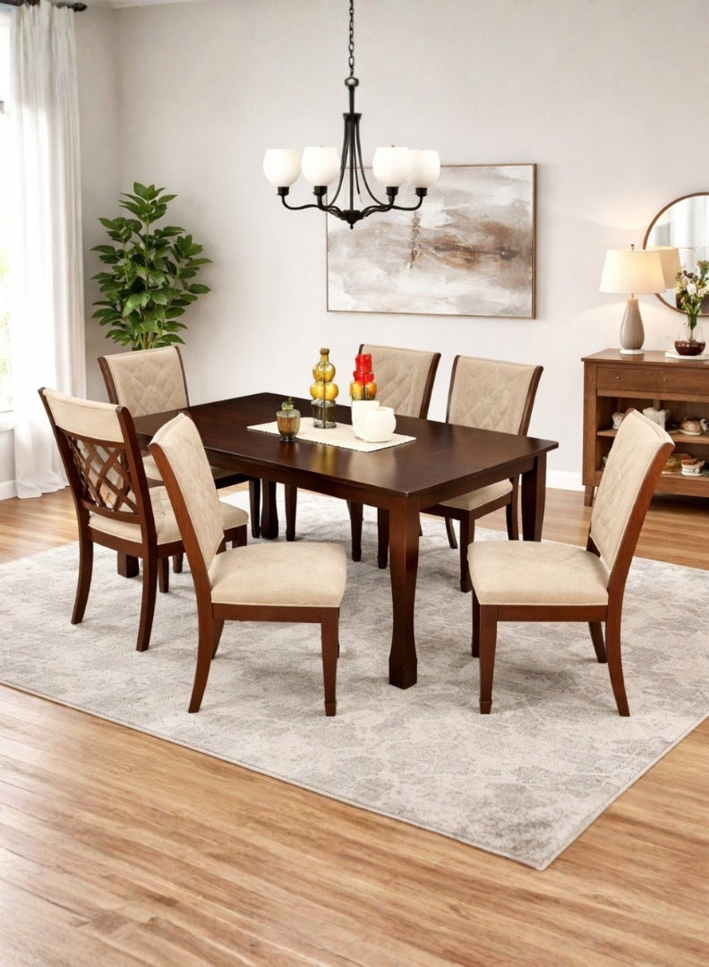 ROYALOAK Boston Wooden Dining Set 6 Seater, Solid Wood Legs, Cushioned Seat, Cushioned and Flat Backrest, Square Husky Legs, Cutout Designer Backrest, Dining Table 6 Seater. - Image 1