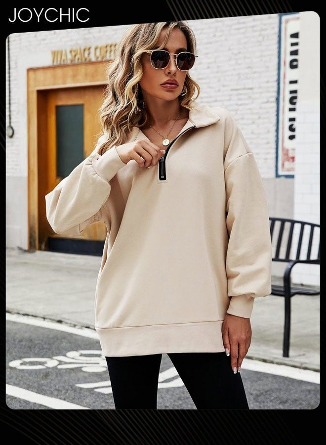 Joychic Women Autumn and Winter Warm Long Sleeve Half Zipped Cropped Pullover Solid Pattern Fleece Outdoor Windproof Hoodies  Beige - Image 1