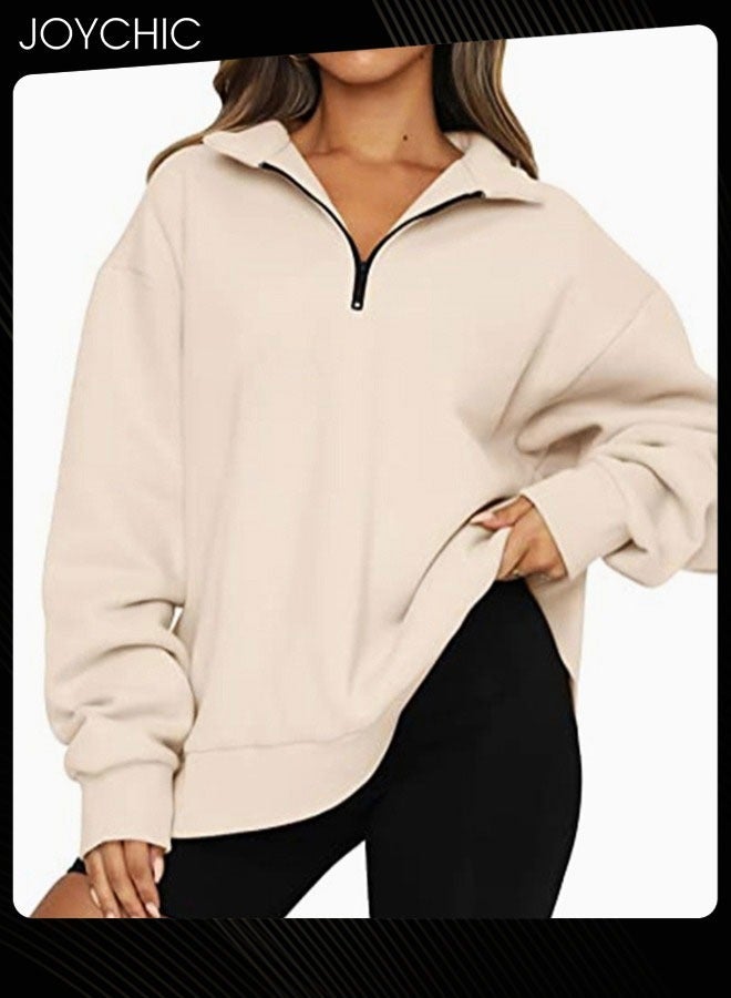 Joychic Women Autumn and Winter Warm Long Sleeve Half Zipped Cropped Pullover Solid Pattern Fleece Outdoor Windproof Hoodies  Beige - Image 4