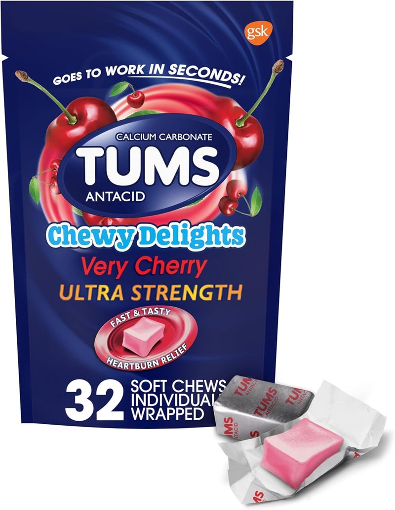 TUMS Chewy Delights Ultra Strength Antacid Soft Chews for Chewable Heartburn Relief and Acid Indigestion Relief Very Cherry  32 Count - Image 1