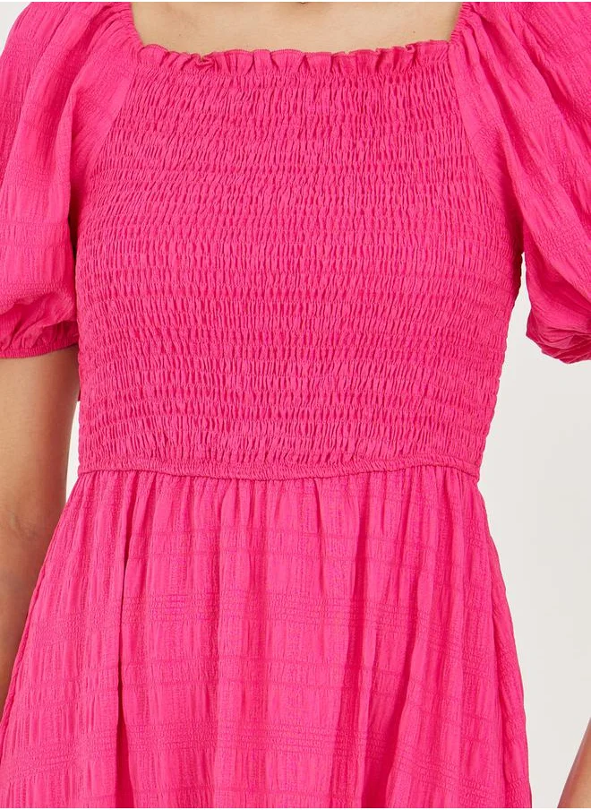Styli Textured Smocked Detail A-Line Midi Dress