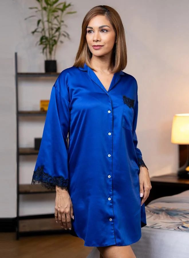 Aadaraya Aadaraya Lace Detail Sateen Sleepshirt with Pocket and Long Sleeves