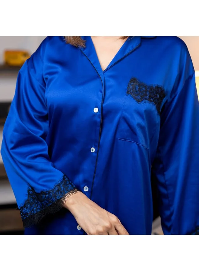 Aadaraya Aadaraya Lace Detail Sateen Sleepshirt with Pocket and Long Sleeves