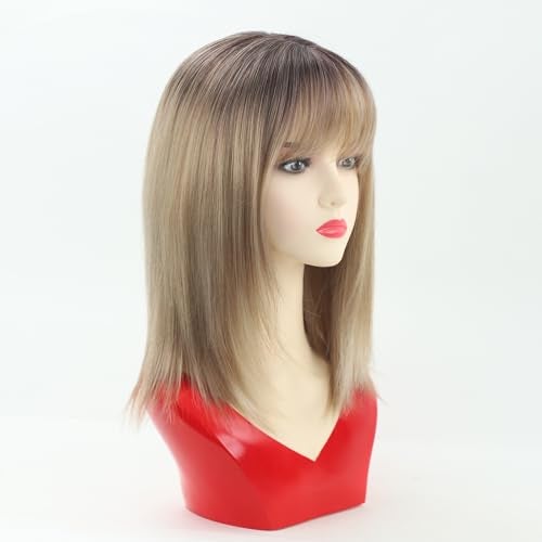 RENERSHOW Short Ombre Blonde Wig with Bangs Layered Straight Bob Synthetic Wigs for Women Mixed Blond Wig with Dark Roots Natural Looking Daily Party Wig(14inch) - Image 2