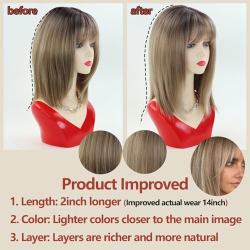 RENERSHOW Short Ombre Blonde Wig with Bangs Layered Straight Bob Synthetic Wigs for Women Mixed Blond Wig with Dark Roots Natural Looking Daily Party Wig(14inch) - Image 4