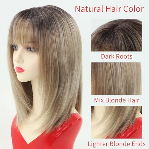 RENERSHOW Short Ombre Blonde Wig with Bangs Layered Straight Bob Synthetic Wigs for Women Mixed Blond Wig with Dark Roots Natural Looking Daily Party Wig(14inch) - Image 5