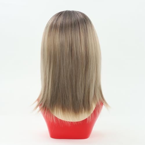 RENERSHOW Short Ombre Blonde Wig with Bangs Layered Straight Bob Synthetic Wigs for Women Mixed Blond Wig with Dark Roots Natural Looking Daily Party Wig(14inch) - Image 3