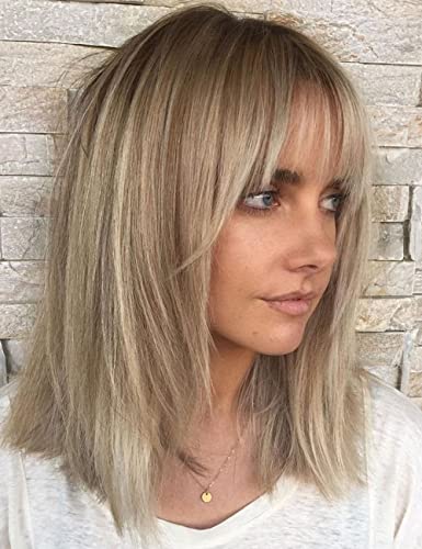 RENERSHOW Short Ombre Blonde Wig with Bangs Layered Straight Bob Synthetic Wigs for Women Mixed Blond Wig with Dark Roots Natural Looking Daily Party Wig(14inch) - Image 1