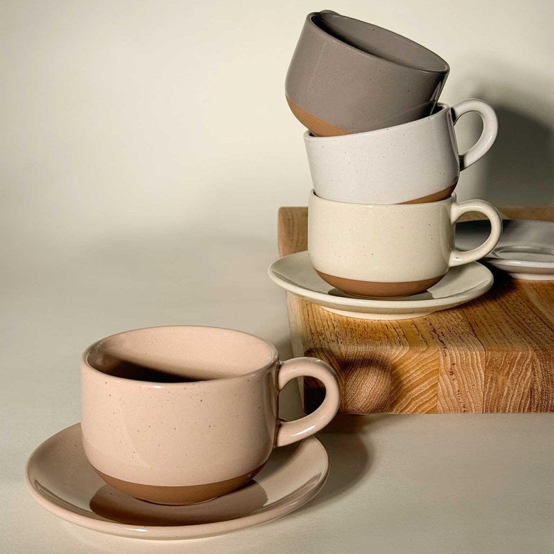 Mora Ceramics 8oz Cappuccino Mug Set of 4 - Ceramic Coffee Cups with Saucers - Microwave and Dishwasher Safe, Perfect For Tea, Espresso, Latte - Porcelain Mugs for Kitchen or Cafe - Assorted Neutrals - Image 5