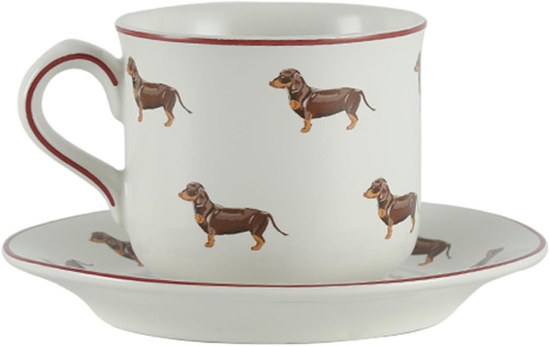 London Pottery Farmhouse Animal Pattern Cup and Saucer for Drinking White with Animal Illustration Sausage Dog220ml - Image 1