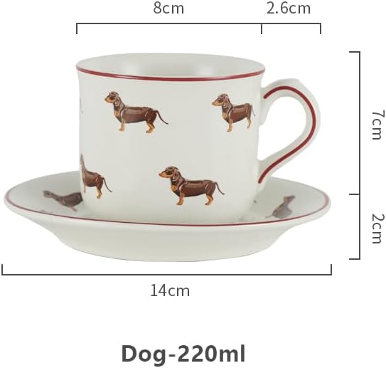 London Pottery Farmhouse Animal Pattern Cup and Saucer for Drinking White with Animal Illustration Sausage Dog220ml - Image 2