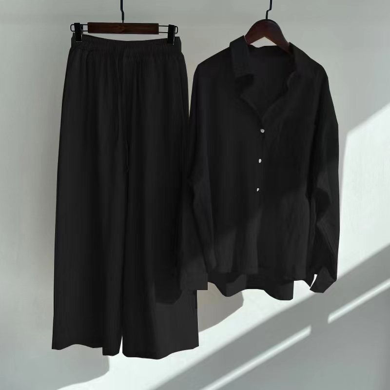 Spring Large Size Womens Shirt Set Vintage Loose High Waist Wide Leg Nine Points Pants Two Pieces Set Casual Elegant Style Pink  - Image 3