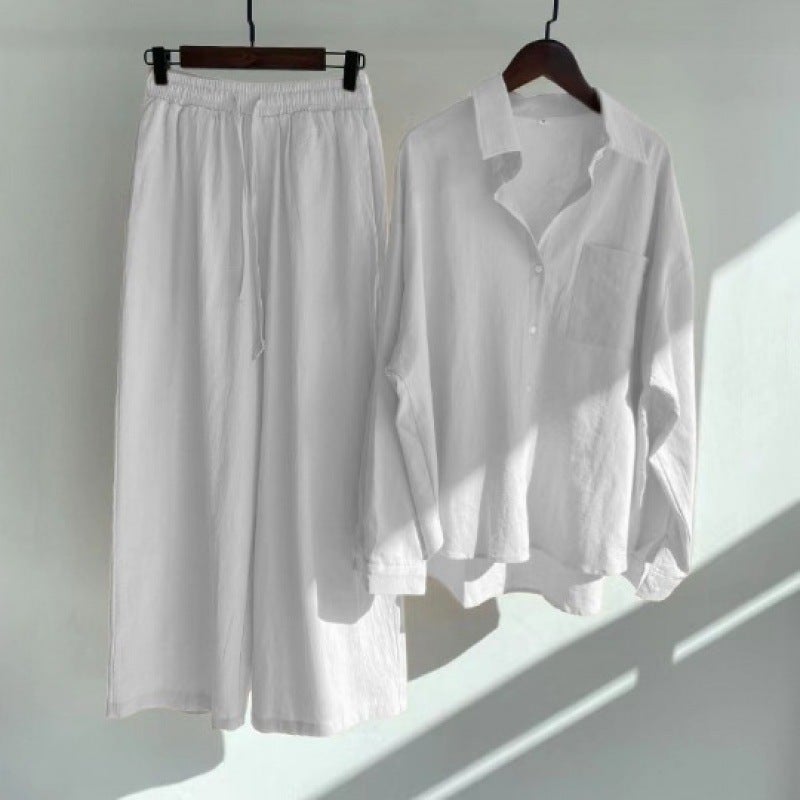 Spring Large Size Womens Shirt Set Vintage Loose High Waist Wide Leg Nine Points Pants Two Pieces Set Casual Elegant Style Pink  - Image 2