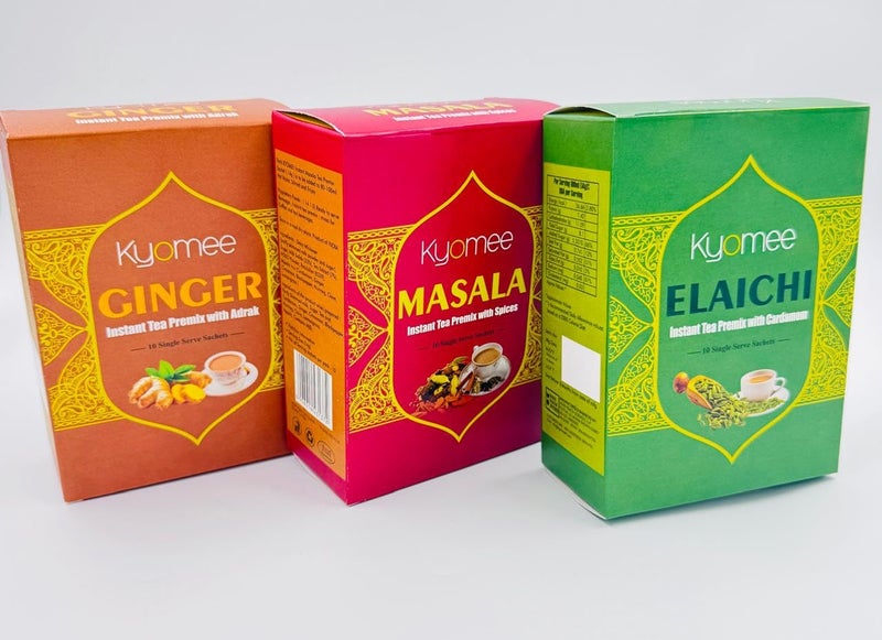 Kyomee Instant Chai Premix Combo - Masala, Ginger & Cardamom (10 Sachets, Each) | Authentic Indian Tea | No Preservatives | Travel Friendly & Easy to Make - Image 4
