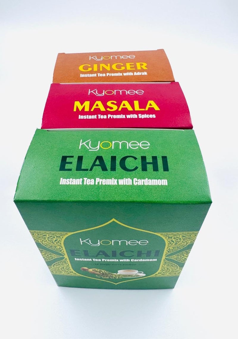 Kyomee Instant Chai Premix Combo - Masala, Ginger & Cardamom (10 Sachets, Each) | Authentic Indian Tea | No Preservatives | Travel Friendly & Easy to Make - Image 3