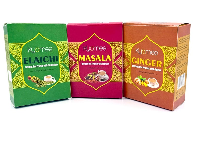 Kyomee Instant Chai Premix Combo - Masala, Ginger & Cardamom (10 Sachets, Each) | Authentic Indian Tea | No Preservatives | Travel Friendly & Easy to Make - Image 1