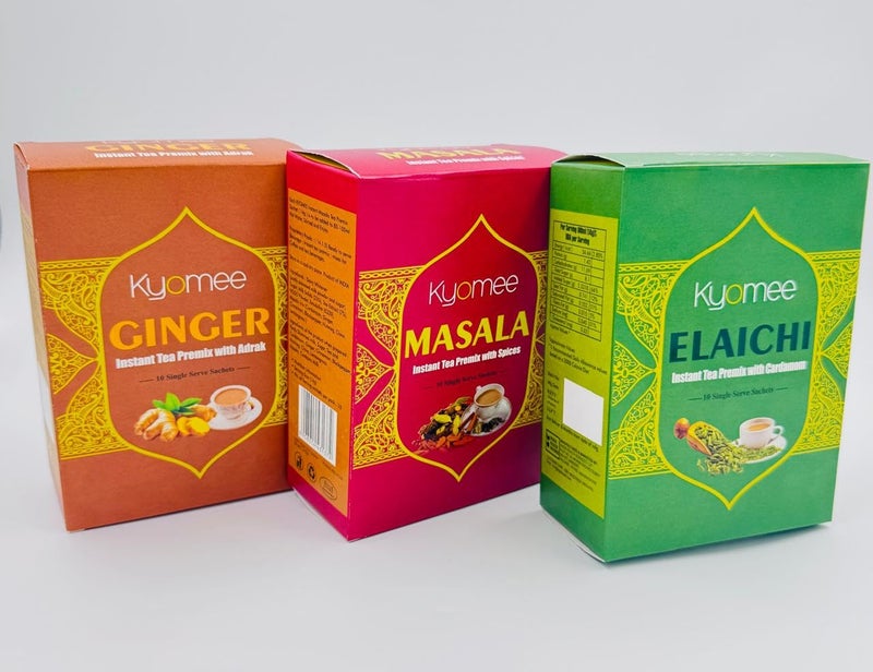 Kyomee Instant Chai Premix Combo - Masala, Ginger & Cardamom (10 Sachets, Each) | Authentic Indian Tea | No Preservatives | Travel Friendly & Easy to Make - Image 5