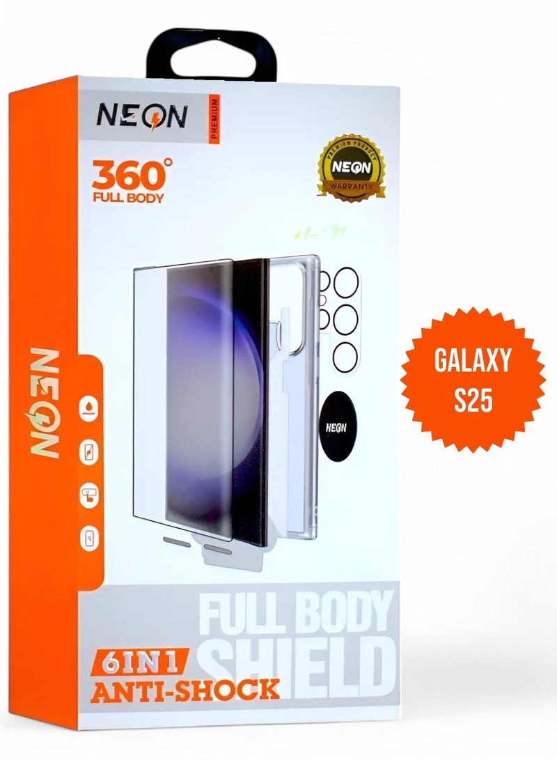 Neon New full protection package for the Samsung Galaxy S25, with a screen protector and a case that supports wireless charging (MagSafe). Complete protection for your device against scratches and falls (6 in 1), the original package from Neon.