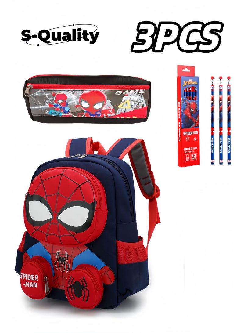 Kids School Set 3PCS Superhero Design Lightweight Waterproof School Essentials Kit with Pencil Case and Pencils for Boys