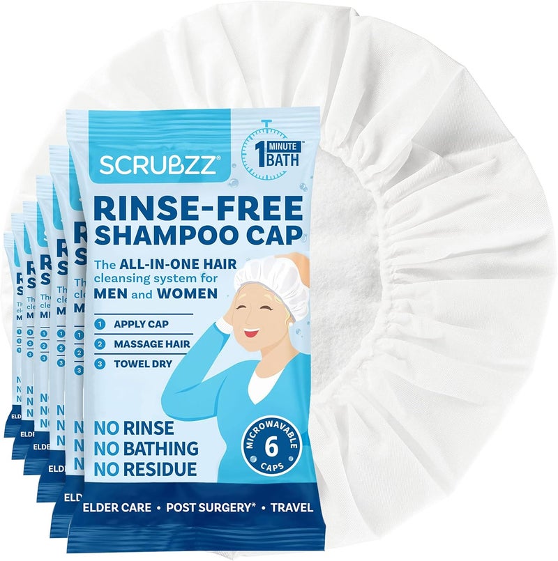 Scrubzz Shampoo Caps No Rinse for Elderly and Bedridden Patients, Rinse Free Shampoo Caps for Post Surgery and Hospital Stays, Waterless Hair Washing Shower Caps - 6 Pack - Image 1