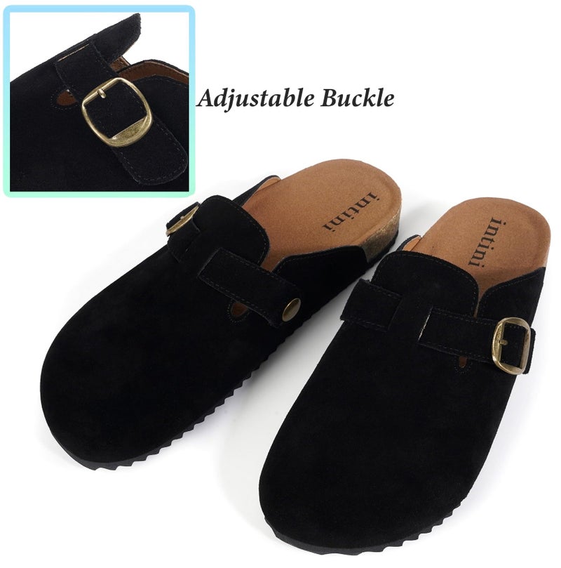 Intini Genuine Suede Clogs for Mens Womens Leather Clogs Adjustable Buckle Cork Footbed Home Slippers Sandals Black - Image 5