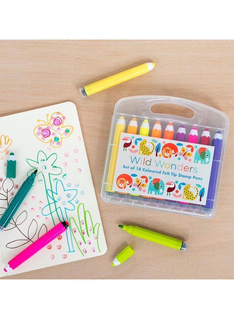Rex London Wild Wonders Felt Tip Stamp Pens – 18 Bright Colours with Fun Stamps – Colouring & Craft Markers for Kids – Washable Ink – Portable Carry Case – Creative Art Supplies for School & Play - Image 1