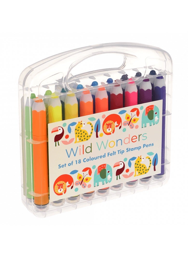 Rex London Wild Wonders Felt Tip Stamp Pens – 18 Bright Colours with Fun Stamps – Colouring & Craft Markers for Kids – Washable Ink – Portable Carry Case – Creative Art Supplies for School & Play - Image 2
