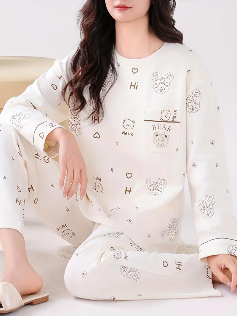 Celary Korean Style Women’s Night Suit - Cute Printed Pajama Set with Long Sleeve Top & Pants - Image 3