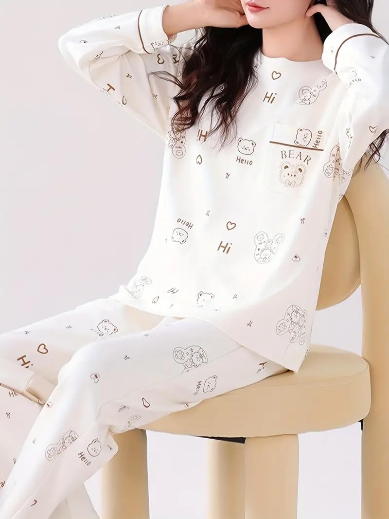 Celary Korean Style Women’s Night Suit - Cute Printed Pajama Set with Long Sleeve Top & Pants - Image 4