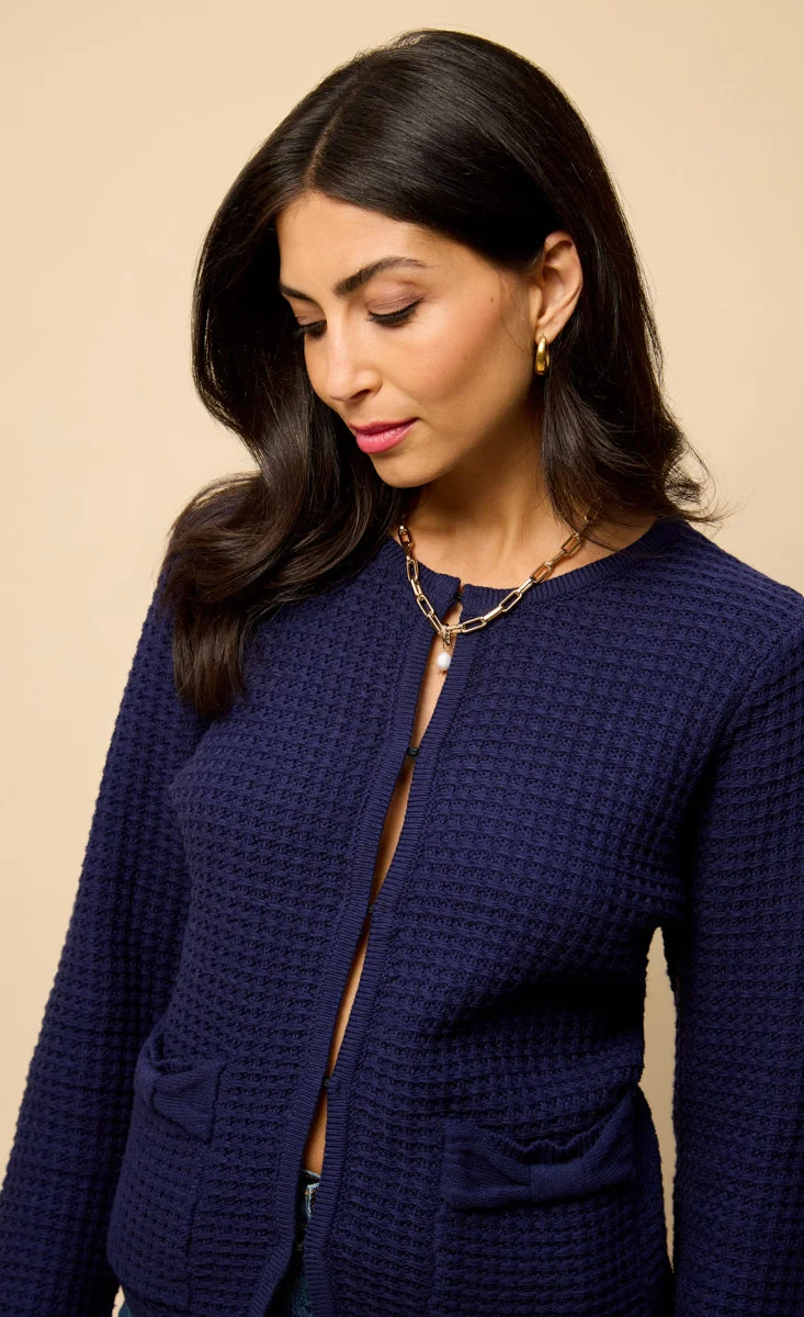 Little Mistress Navy Knitted Bow Pocket Detail Cardigan