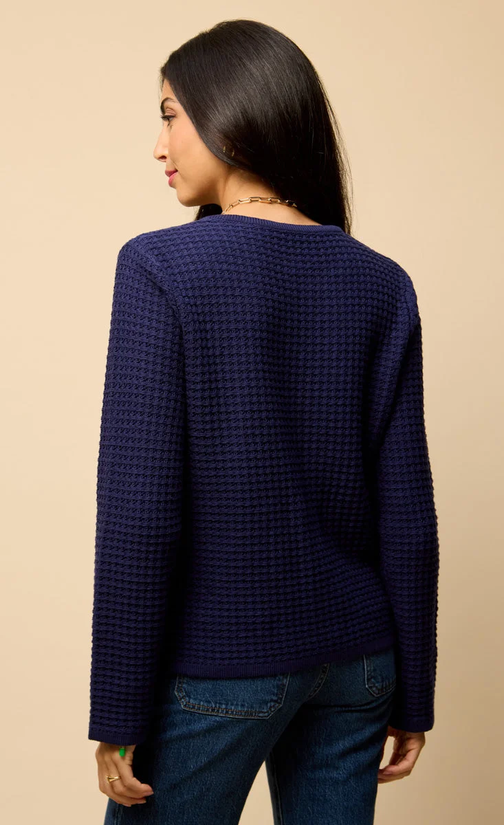 Little Mistress Navy Knitted Bow Pocket Detail Cardigan