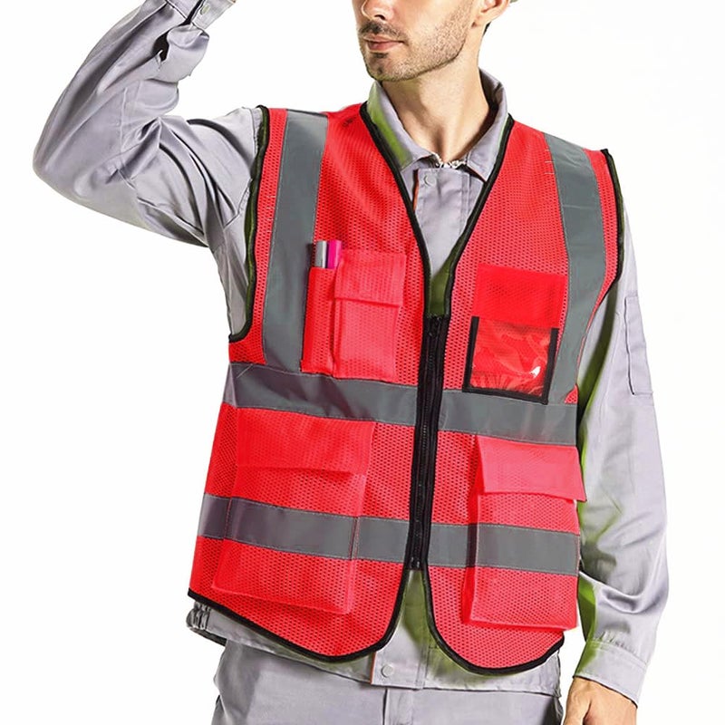 XIAKE Reflective Safety Vest for Men & Women Mesh High Visibility Vest with Pockets Meets ANSI Standards(Large,Red) - Image 2