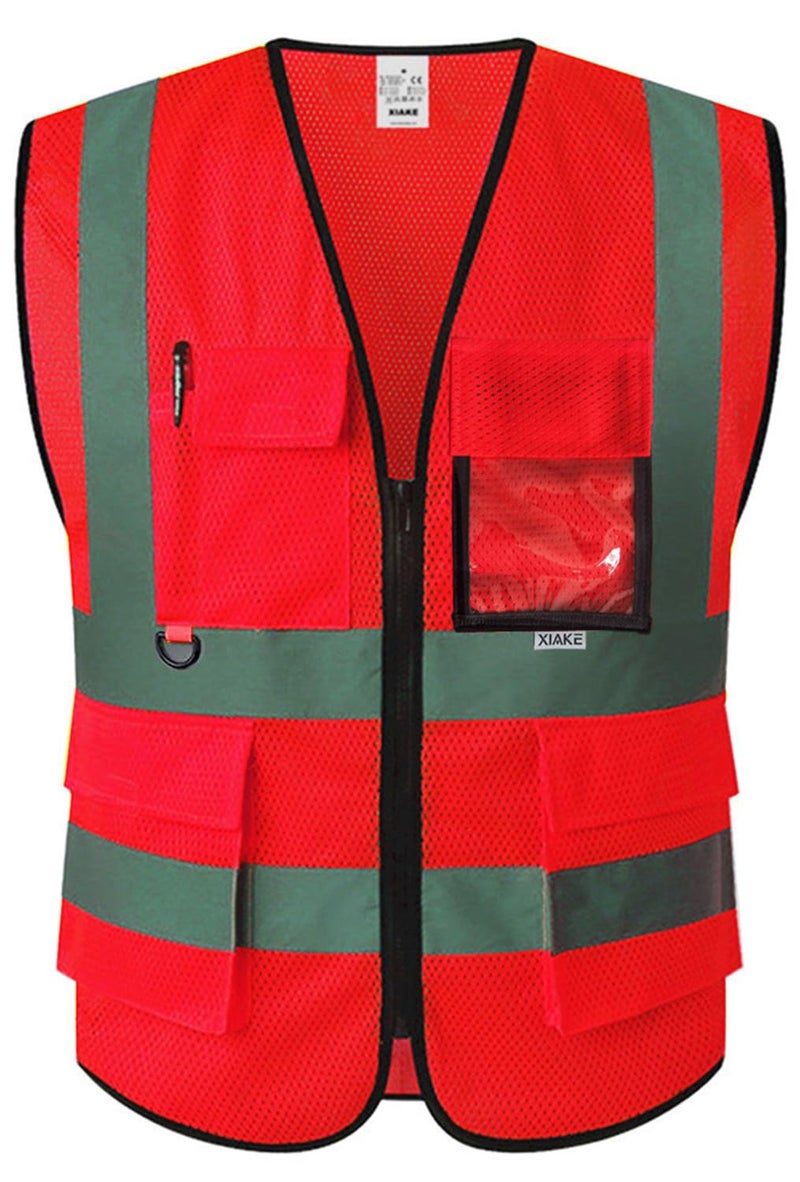XIAKE Reflective Safety Vest for Men & Women Mesh High Visibility Vest with Pockets Meets ANSI Standards(Large,Red) - Image 1