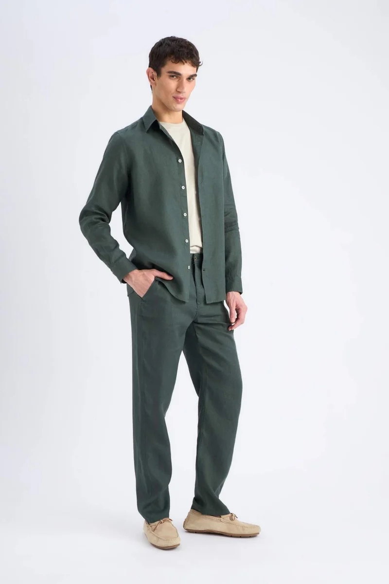 Defacto  100% Linen Relax Fit Straight Leg Trousers for Men | Best Price UAE
