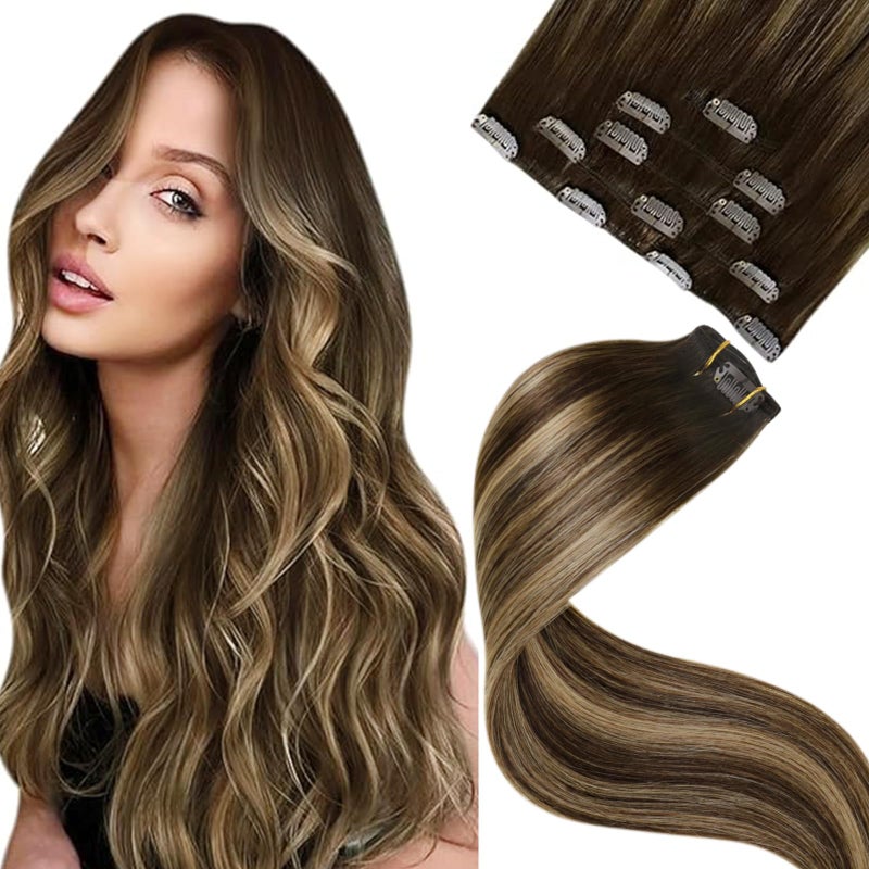 LaaVoo Clip in Hair Extensions Brown Balayage Human Hair Clip in Extensions Brown Ombre Caramel Blonde Hair Extension Clip ins Silky Straight 18Inch 5pcs 80g