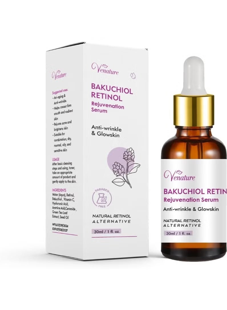 Venature Bakuchiol Retinol Serum for Wrinkles 30ml, Gentle Anti-Aging Treatment, Boosts Skin Radiance, Natural Plant-Derived Retinol Alternative, Paraben-Free, Suitable for Sensitive Skin