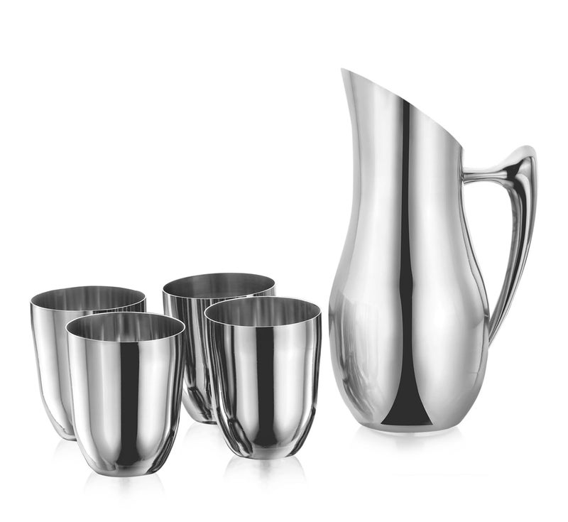 Sanjeev Kapoor Sanjeev Kapoor Stainless Steel Heavy Guage Lemon Set of Water Jug 15 Liter with 4 Steel Drinking Glass Set 480 ML Perfect for Serving Beverages Enhance Dining Experience Silver - Image 1