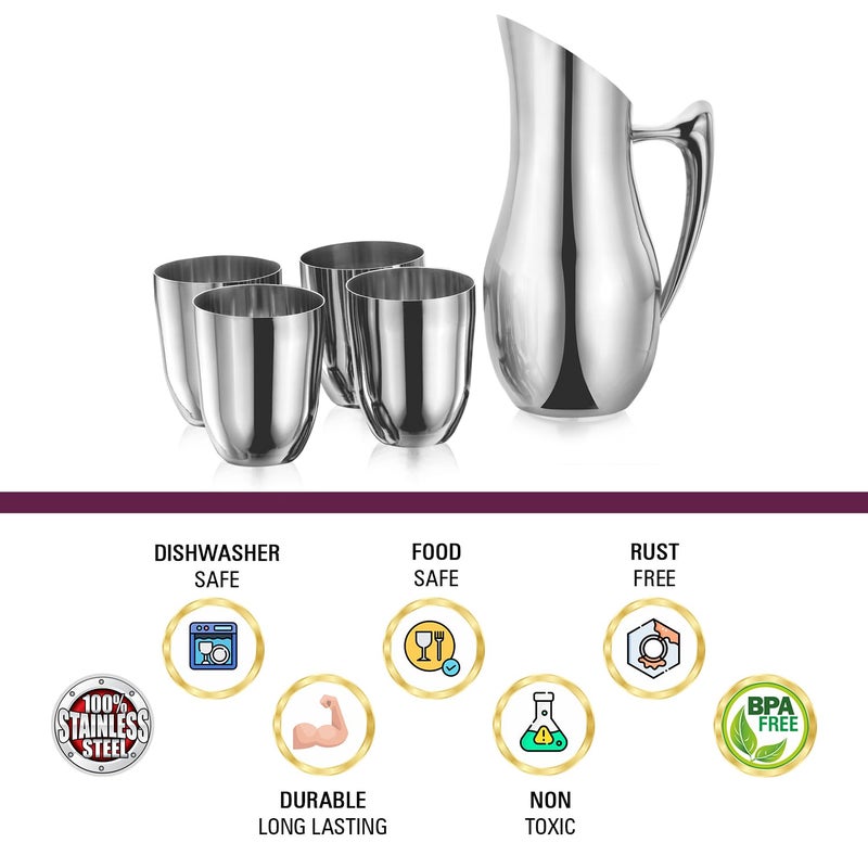 Sanjeev Kapoor Sanjeev Kapoor Stainless Steel Heavy Guage Lemon Set of Water Jug 15 Liter with 4 Steel Drinking Glass Set 480 ML Perfect for Serving Beverages Enhance Dining Experience Silver - Image 3