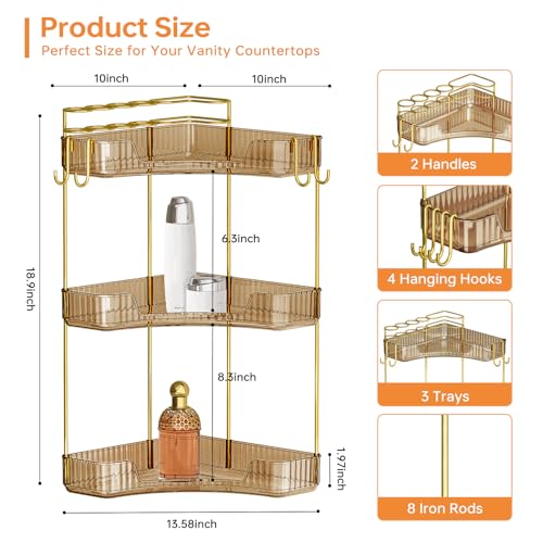Greenby 3-Tier Corner Bathroom Counter Organizer，Makeup & Skincare Shelf with Built-in Brush Holder，Space-Saving Bathroom Countertop Organizer for Skincare, Perfume, Cosmetics(Amber) - Image 2